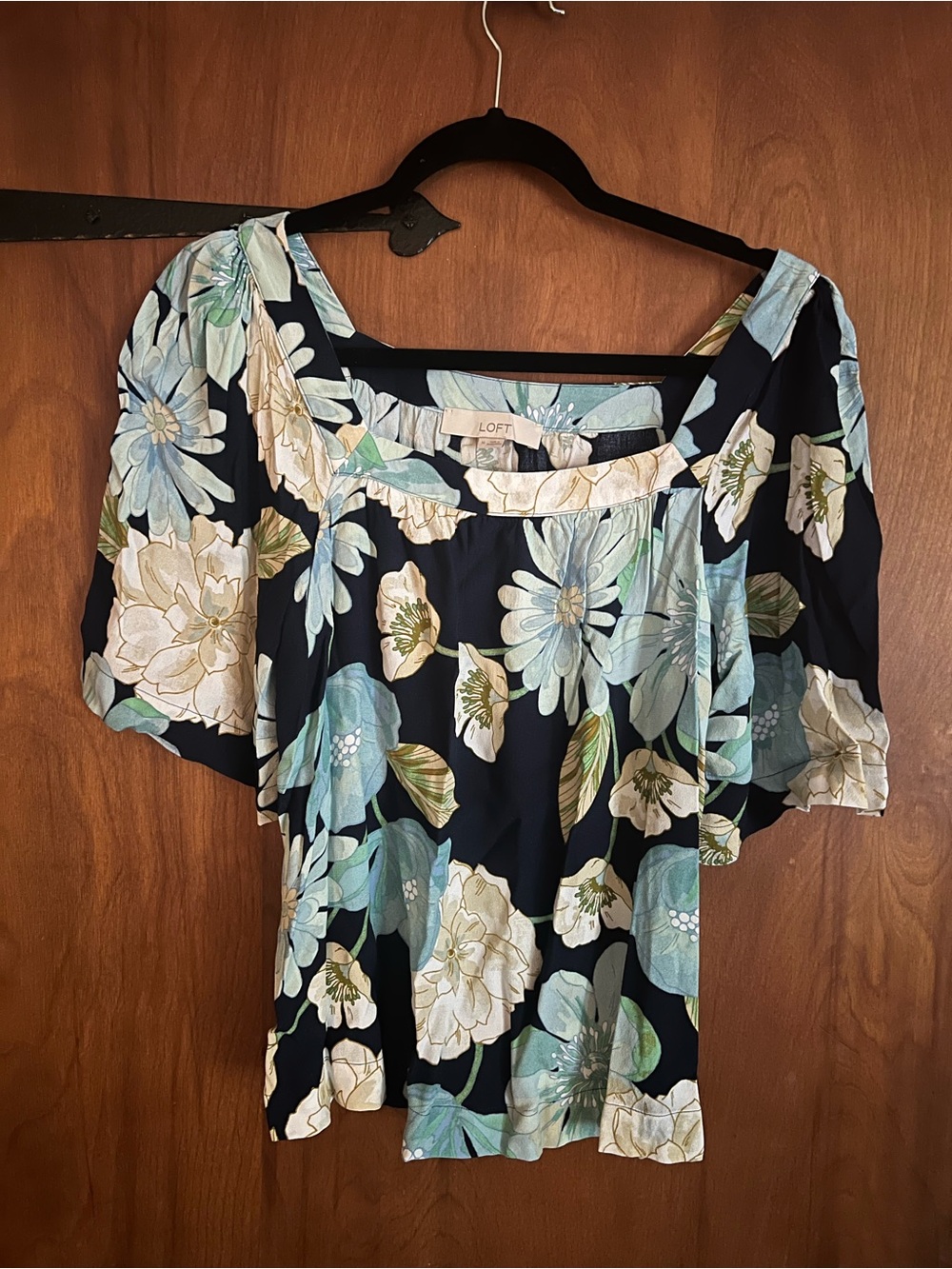 LOFT Navy Floral Square-Neck Puff Sleeve Blouse